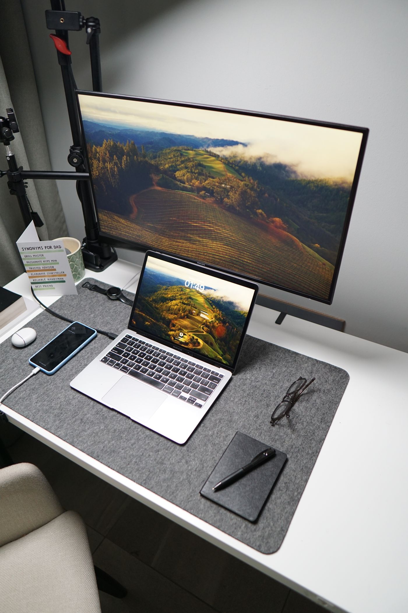Desk with laptop and monitor